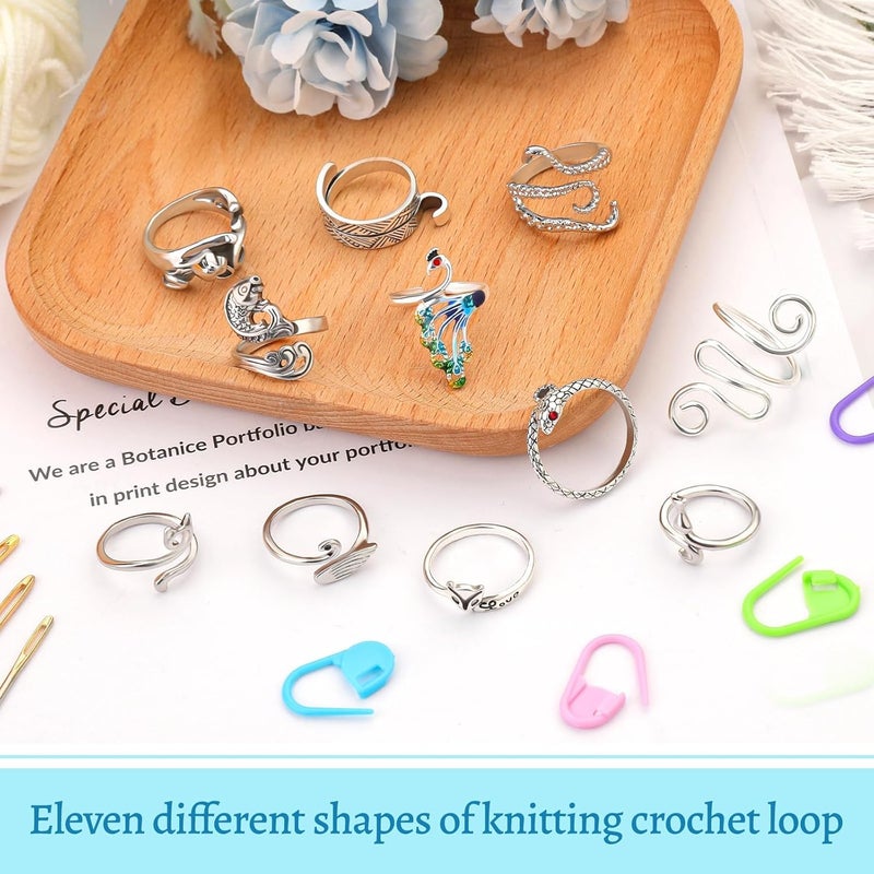 FOUSNOW 11 Pcs Crochet Ring, Adjustable Knitting Tension Rings, Finger Loop Yarn Rings Crochet Ring for Finger, Cat Guide Knitting Thimble, Faster Knitting Accessories for Mother Grandma - Image 3